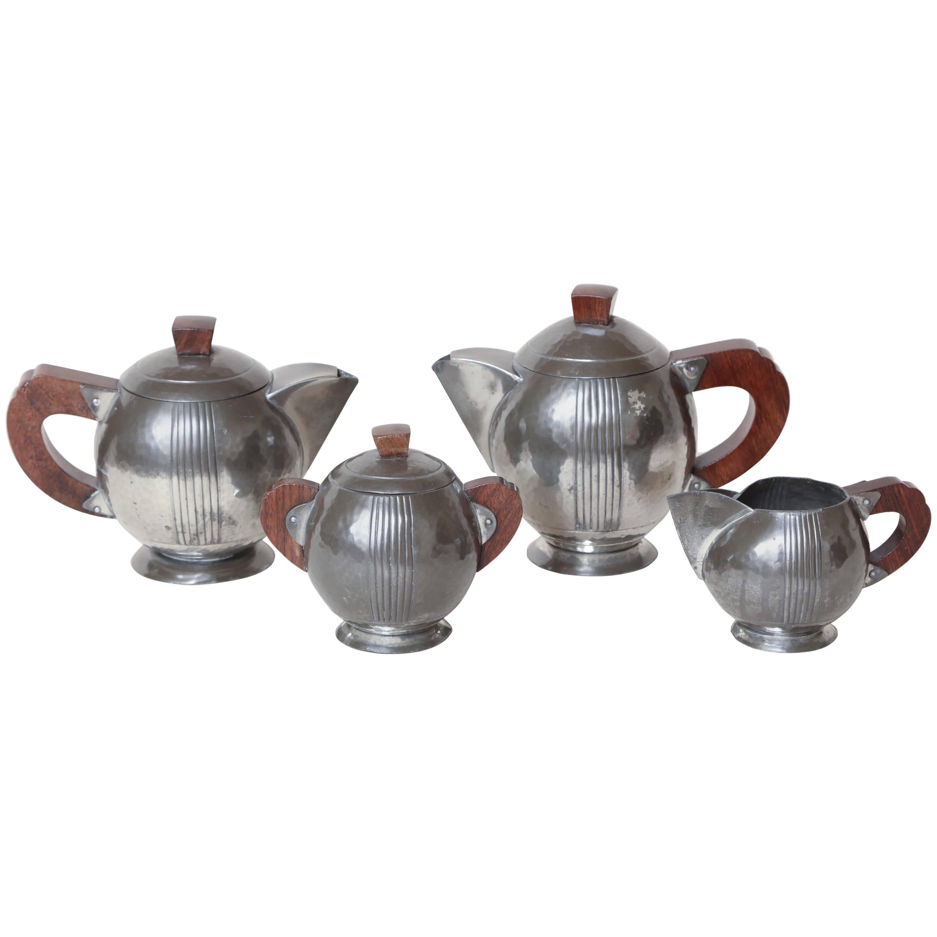 Rene Delavan French Art Deco Pewter and Wood Coffee & Tea Service For Sale