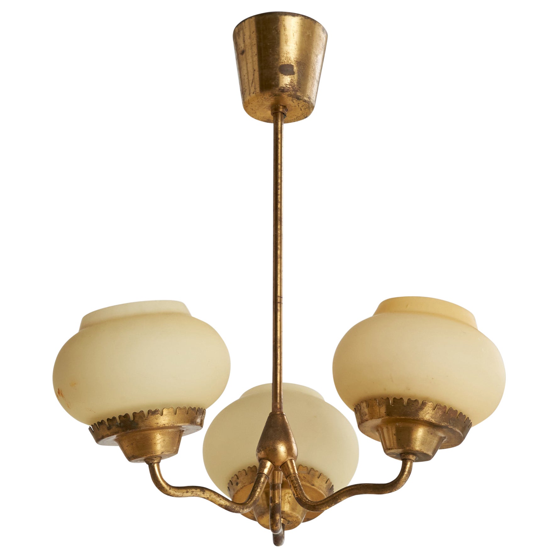 Danish Designer, Chandelier, Brass, Glass, Denmark, 1940s