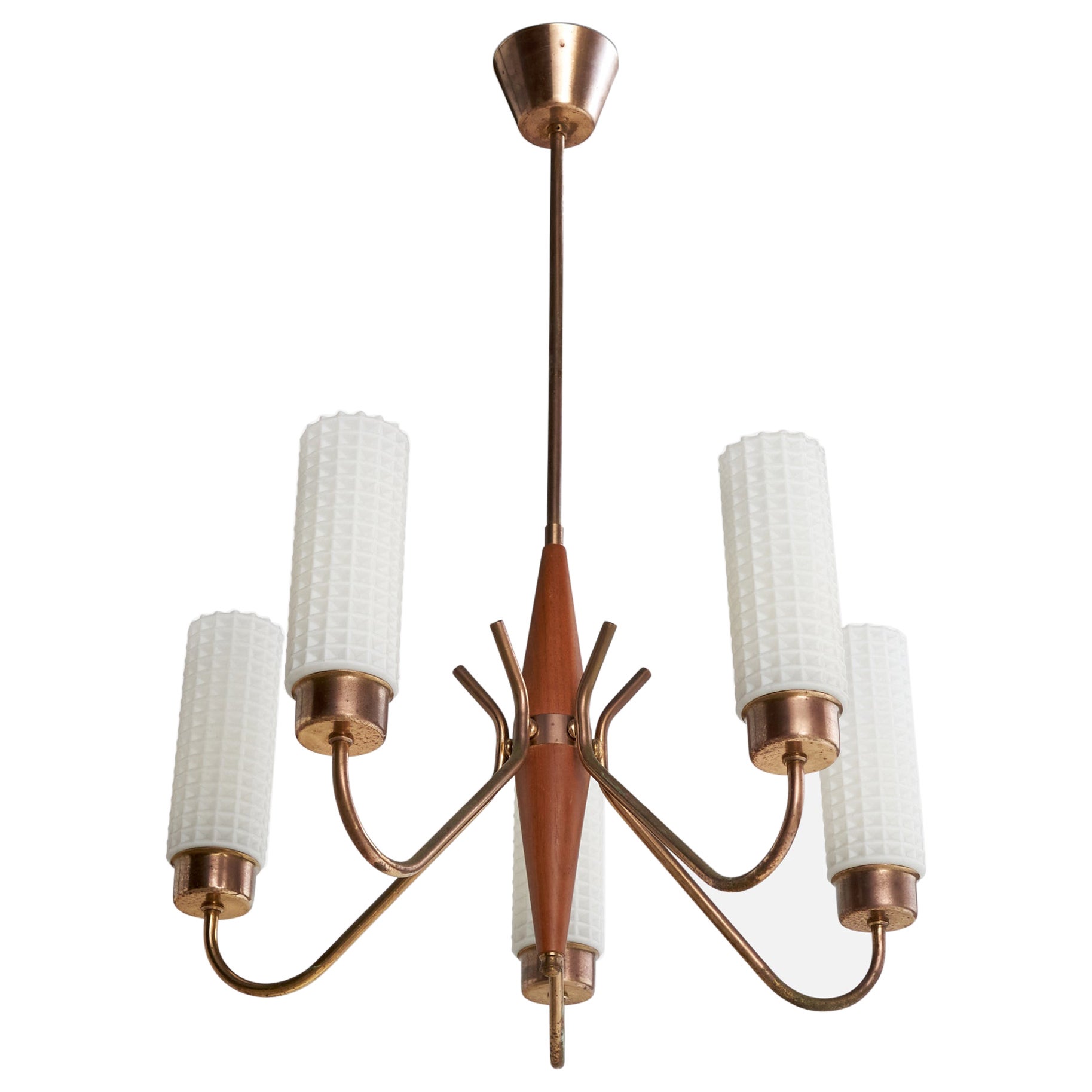Lampadario di design svedese, ottone, teak, vetro, Svezia, anni '50