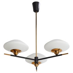 French Designer, Chandelier, Brass, Metal, Glass, France, 1950s