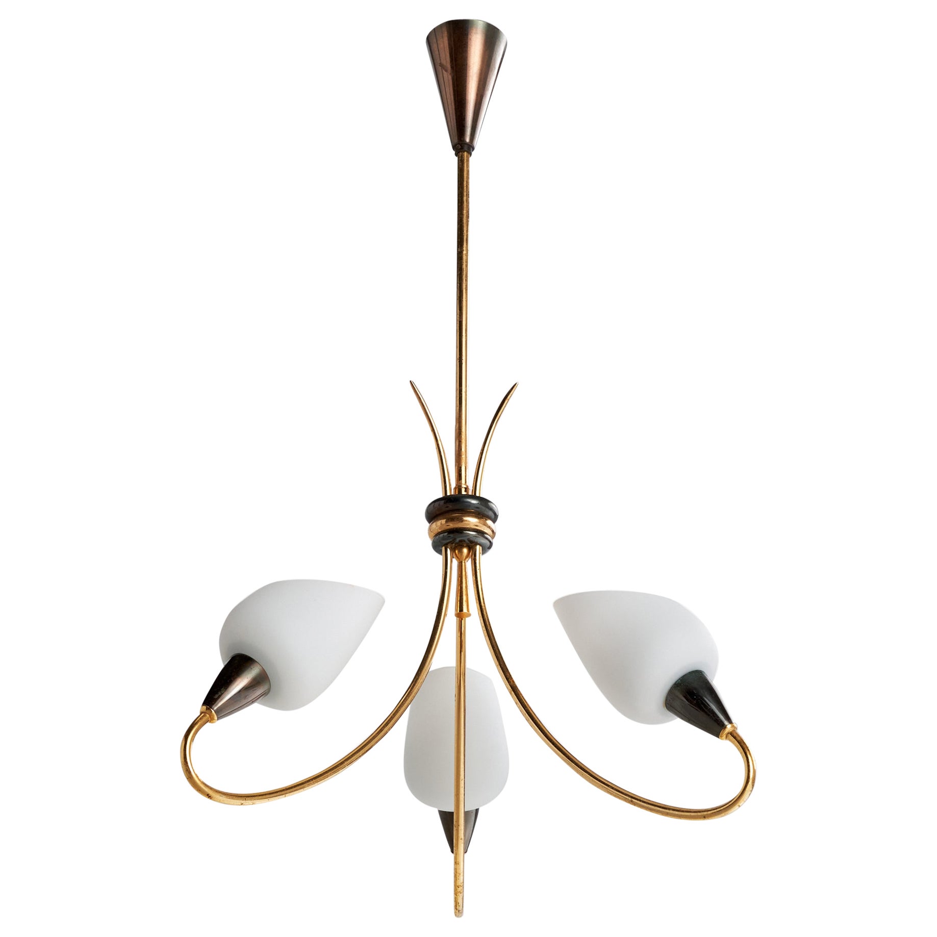 French Designer, Chandelier, Brass, Metal, Glass, France, 1950s For Sale