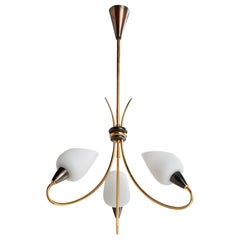 French Designer, Chandelier, Brass, Metal, Glass, France, 1950s