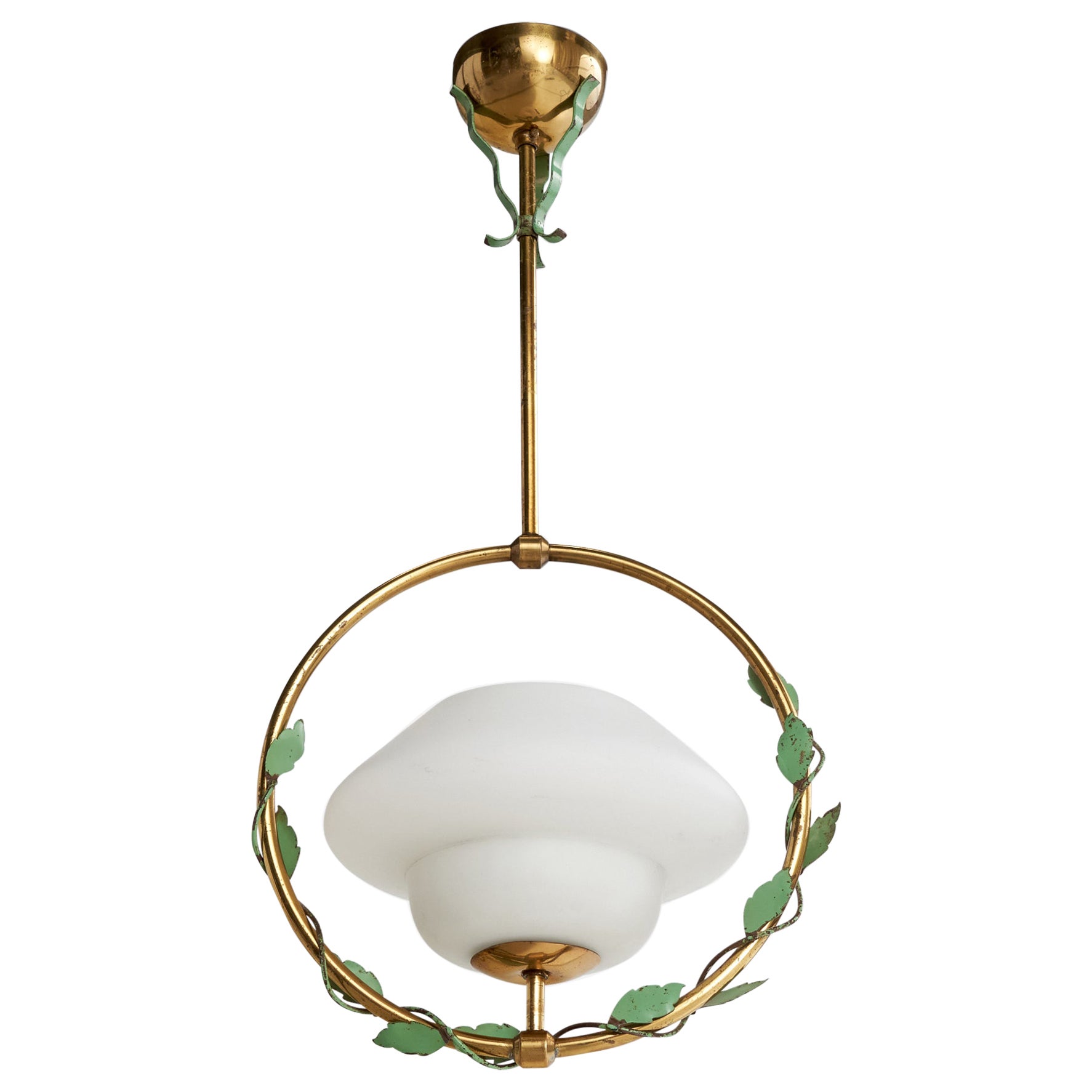 Swedish Designer, Pendant Light, Brass, Metal, Glass, Sweden, 1940s