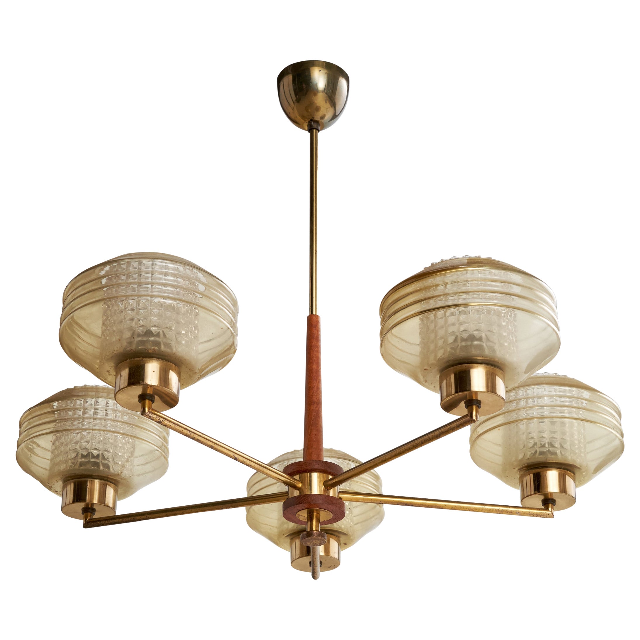 Finnish Designer, Chandelier, Brass, Glass, Teak, Finland, 1950s For Sale