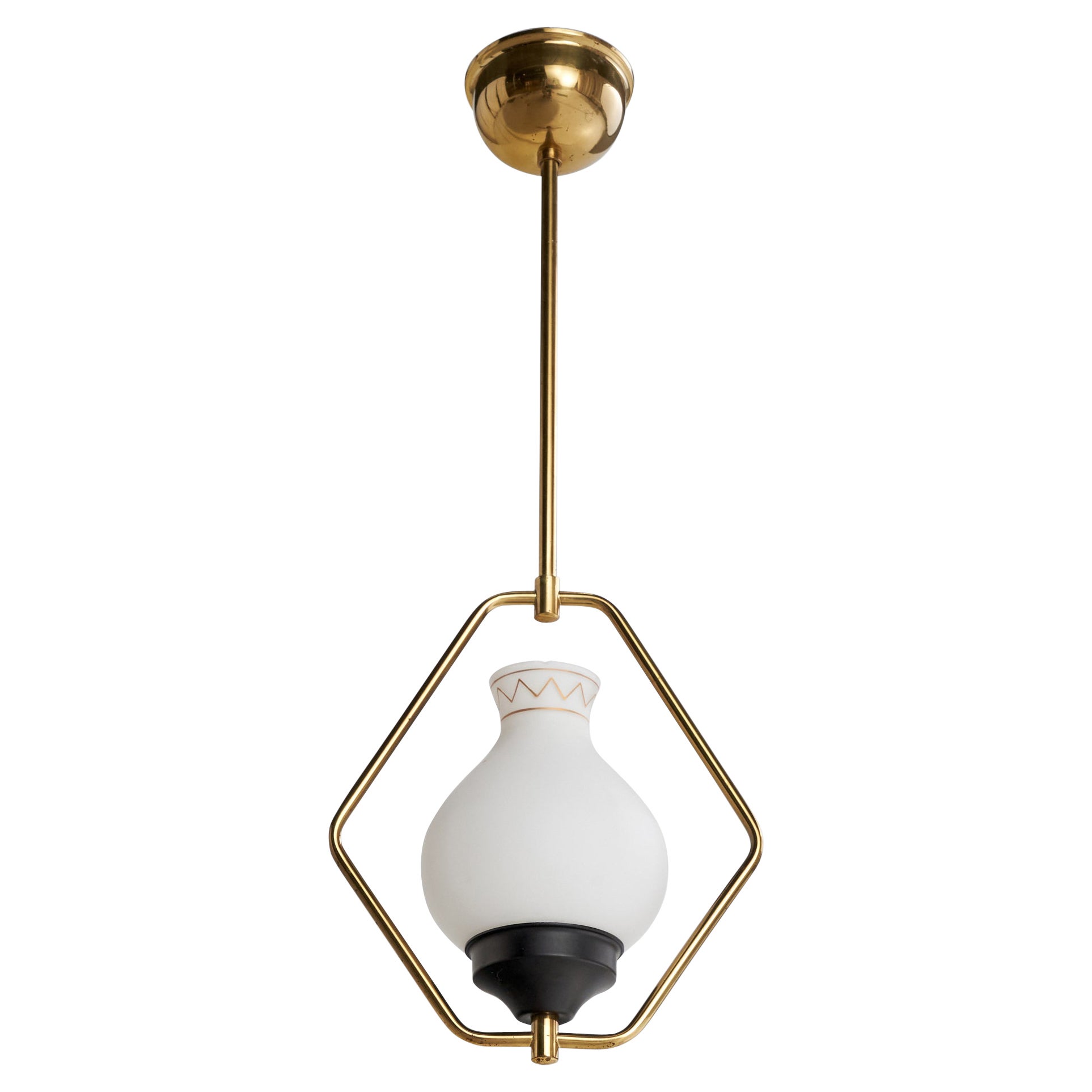 Swedish Designer, Pendant Light, Brass, Metal, Glass, Sweden, 1950s