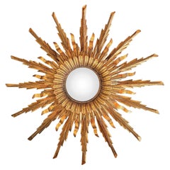 Specchio convesso a 3 strati, retroilluminato, legno dorato esplosivo 1960, Francia