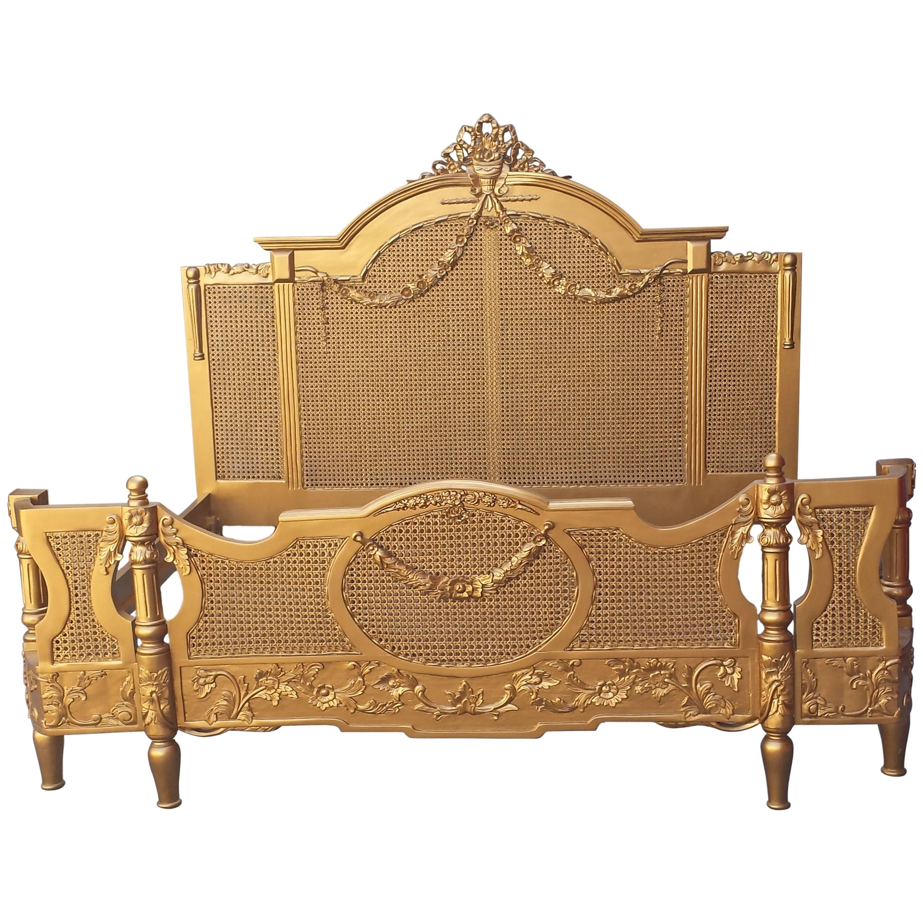 French Gold Cane Bed King-Size in the Louis XV Provincial Style For Sale