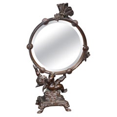 Antique French Louis XV Clodion Style Bronze Desk Mirror With a Cherub