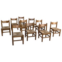 10 Oak and Rush Chairs in Style of Charles Dudouyt , France 1960's