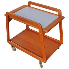 Teak Flip-Top Trolley/Cart w/Tray Top, Trapezoidal Sides & 1950s Skinny Casters