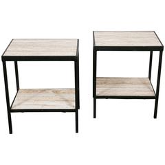 Pair of Travertine and Metal Two-Tiers Tables