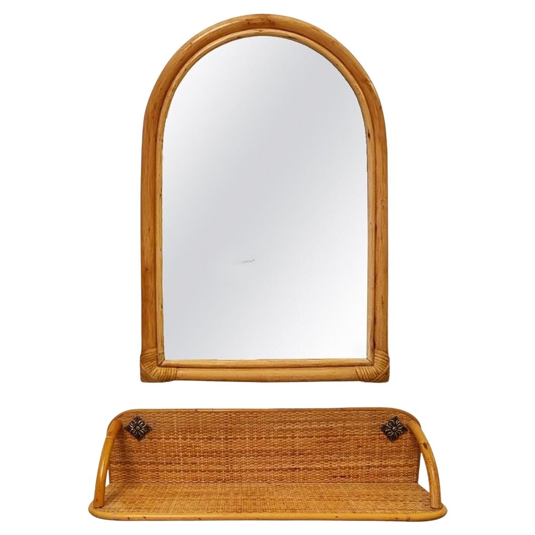 1960s Gorgeous Bamboo and Rattan Mirror and Console. Made in Italy