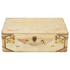 1940s Medium Vellum Suitcase with Studwork and Wing Shaped Handle Mounts