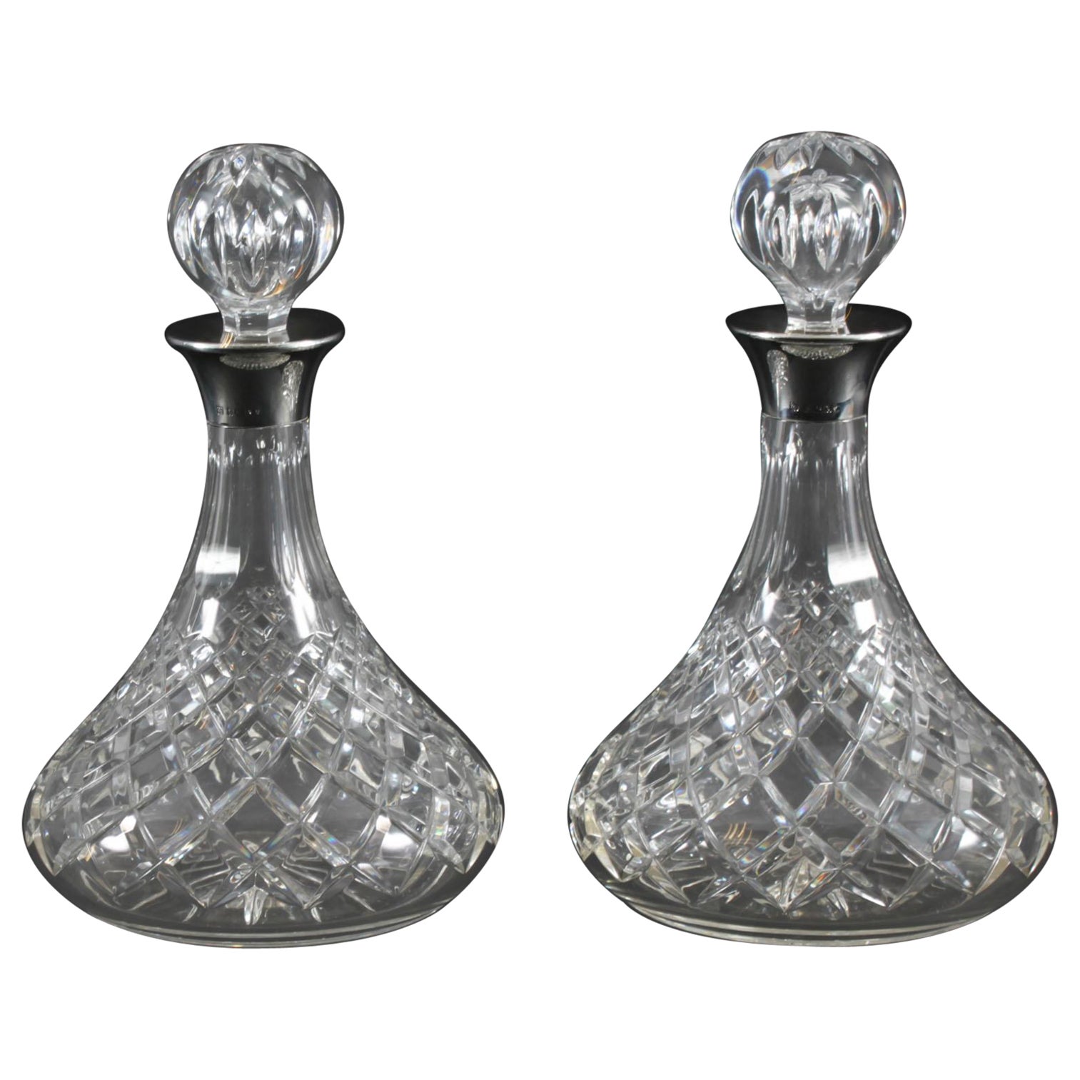 Vintage Pair of Cut Crystal Glass Silver Mounted Decanters Birmingham 1972 For Sale
