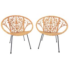Pair of 1960s Bucket Rattan Chairs with Heart Shaped Design