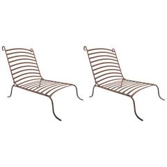 Two Pairs of Chic Mid-Century Wrought Iron Low Lounge Chairs
