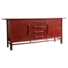 Large wooden and bamboo sideboard with leather bindings, 1970s