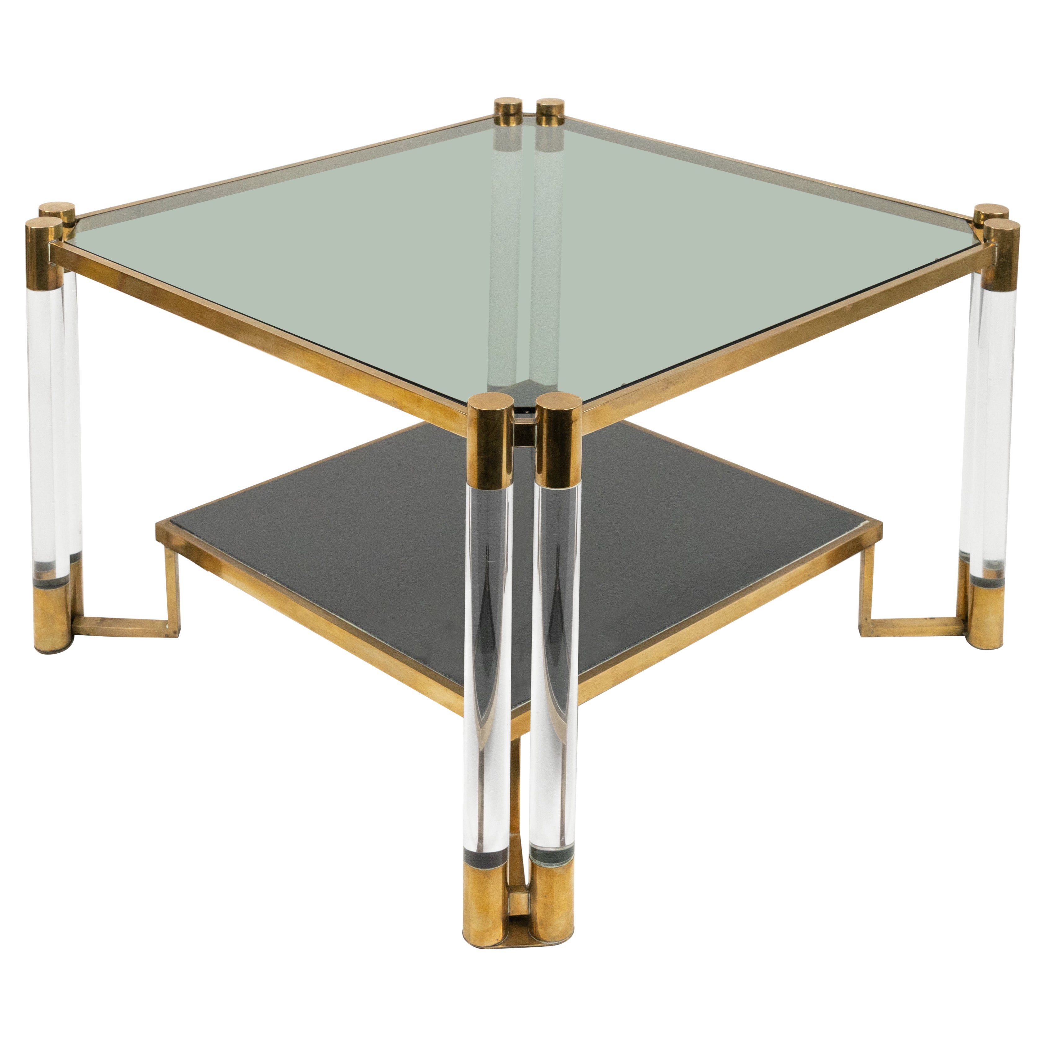 Coffee Table Lucite, Brass, Ceramic and Smoked Glass Charles Hollis Jones Style