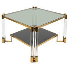 Tavolino da caffè in lucite, ottone, ceramica e vetro fumé stile Charles Hollis Jones
