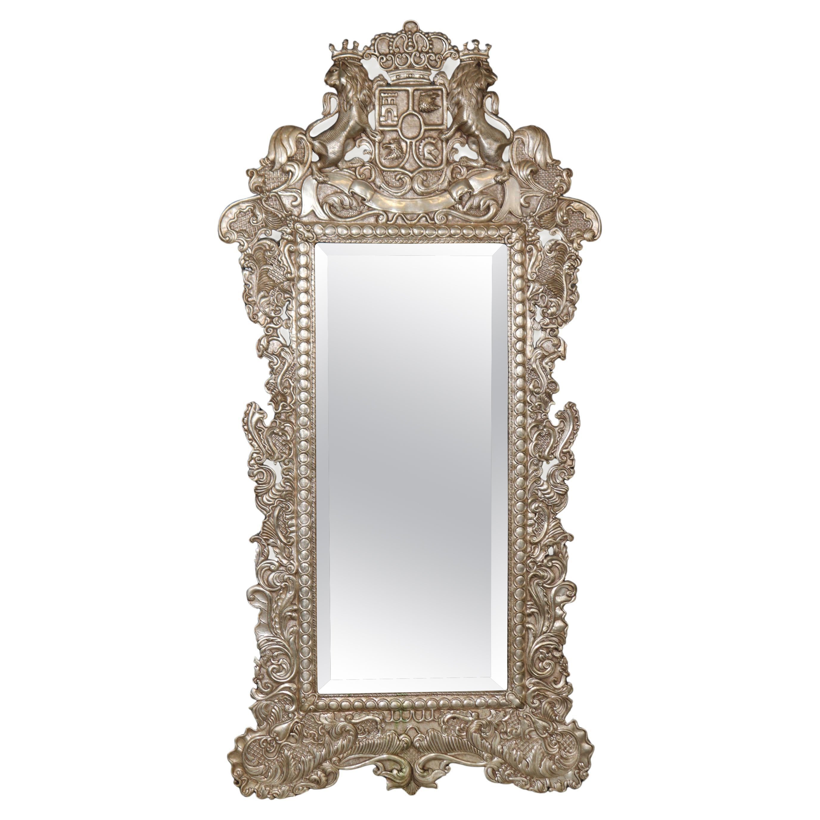 Rare Familial Coat of Arms Nickel Plated Cladded Wooden English Mirror For Sale