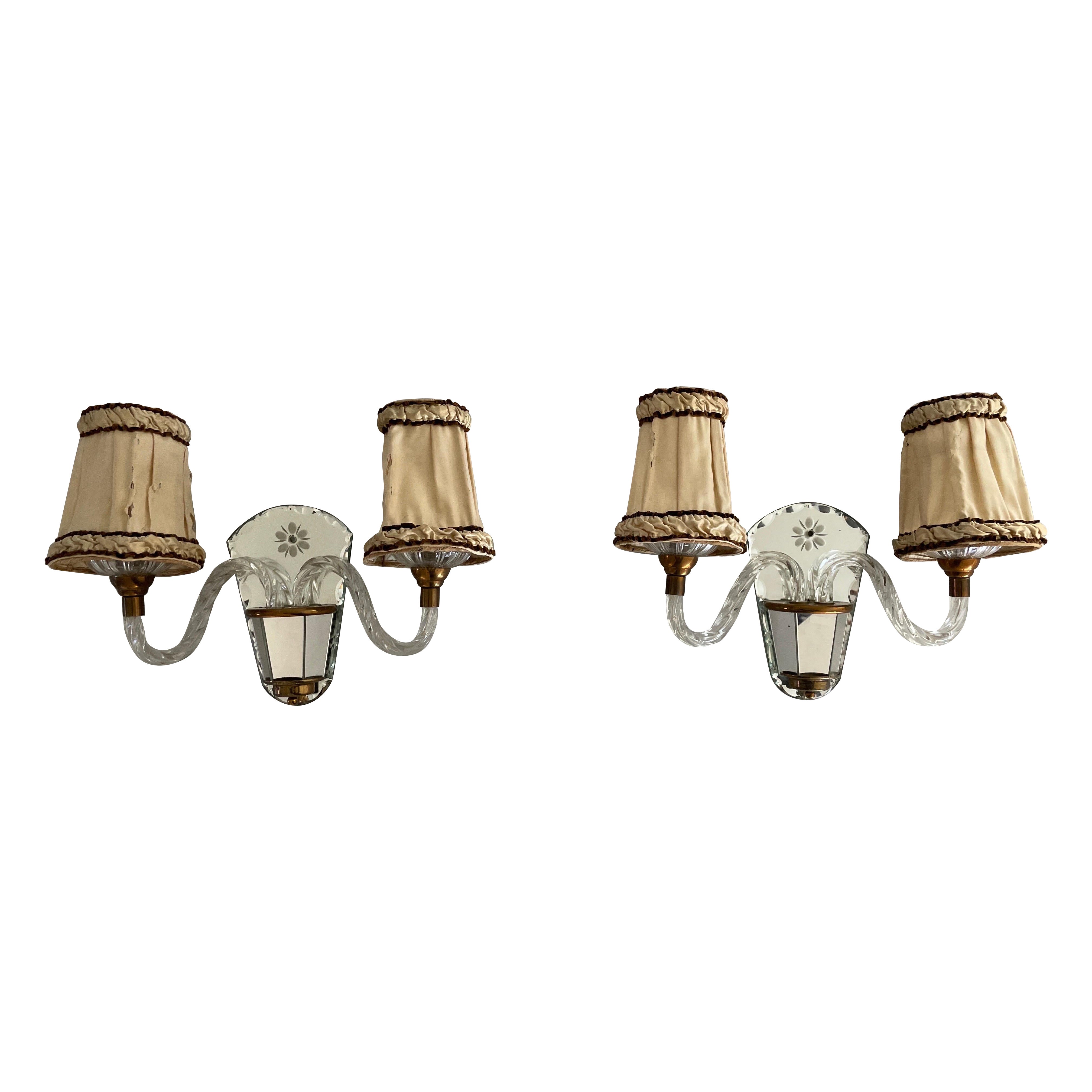 Unique French Art Deco Glass & Brass Pair of Sconces, 1940s, France