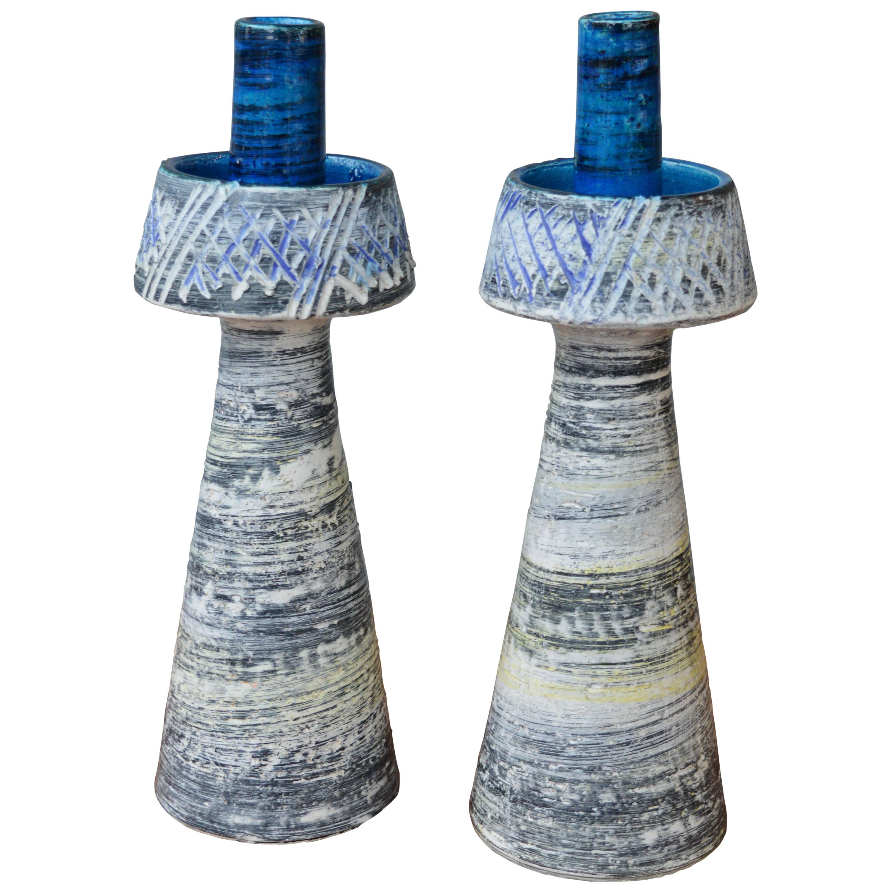 Aldo Londi/Bitossi Pair Italian Rimini Blue Candle Sticks