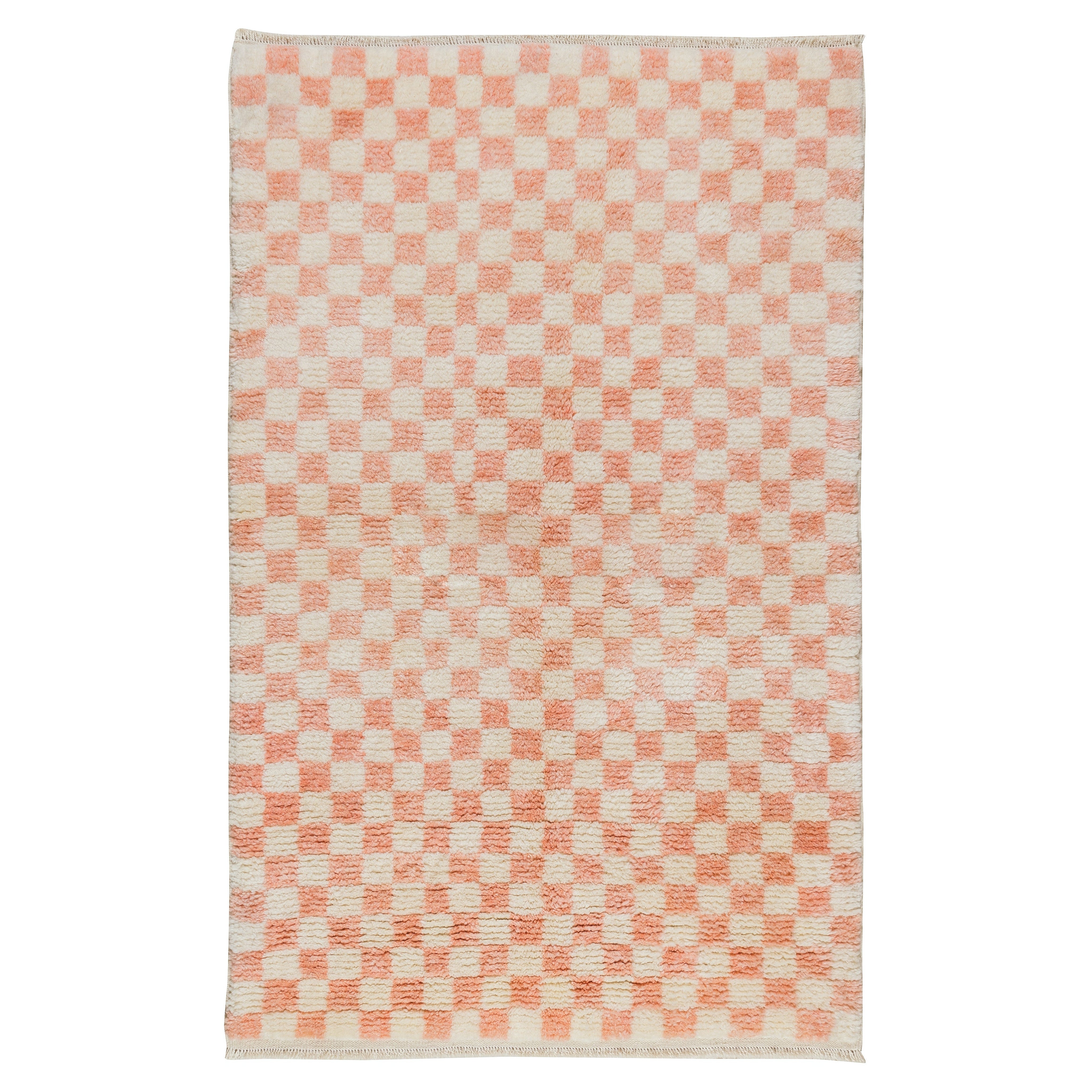 Alfombra Tulu de 4x6 pies hecha a mano con diseño a cuadros en rosa suave y beige. 100% Lana