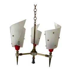 Plexiglass and Brass 3-arm Pendant Lamp by Pierre Guariche, 1950s, France