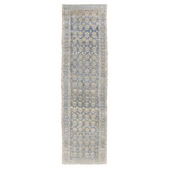 Antique Persian Hamadan Blue Runner With Geometric & Floral Motifs 3'6"X13'8"