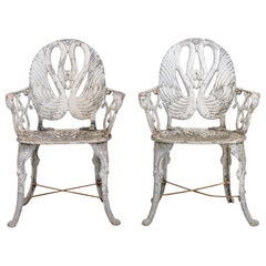 Pair White Painted Swan Back Aluminum Garden Armchairs, Sweden 1960s
