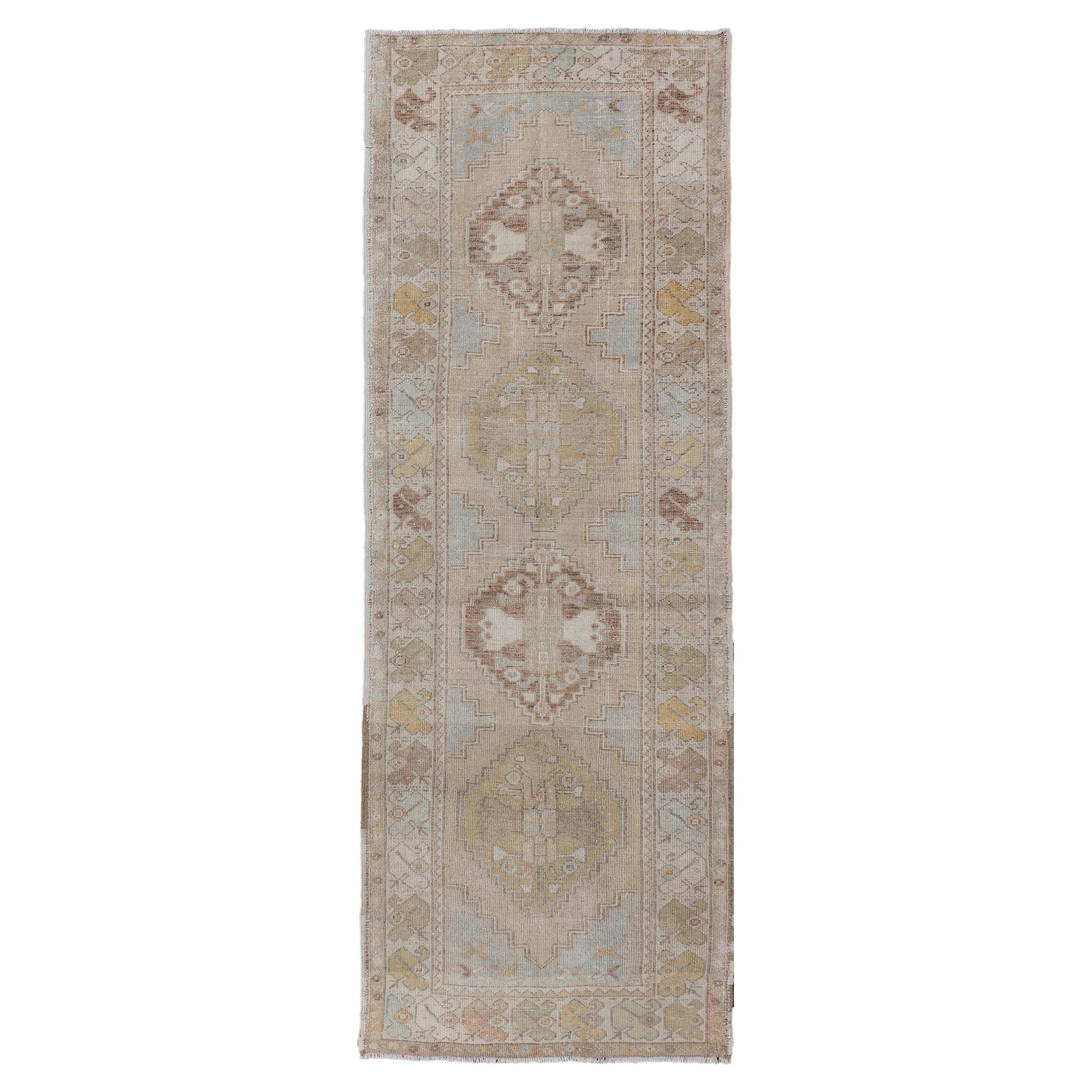 Vintage Turkish Oushak Runner With Soft Earth Tones and Pastel Accents 3'0"x9'1" For Sale