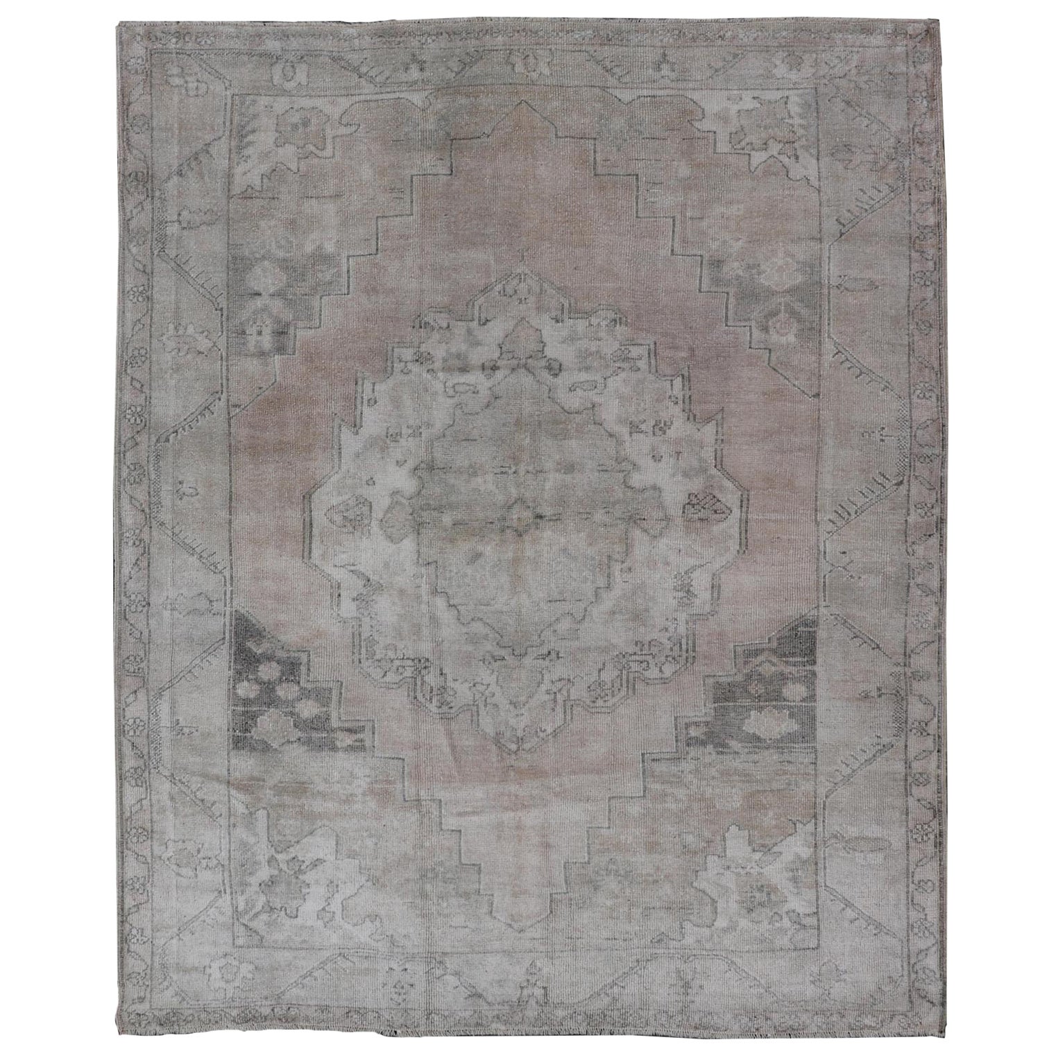 Vintage Turkish Oushak Rug With Subtle Pastel Pink and Grey Tones 5'0"x6'4"