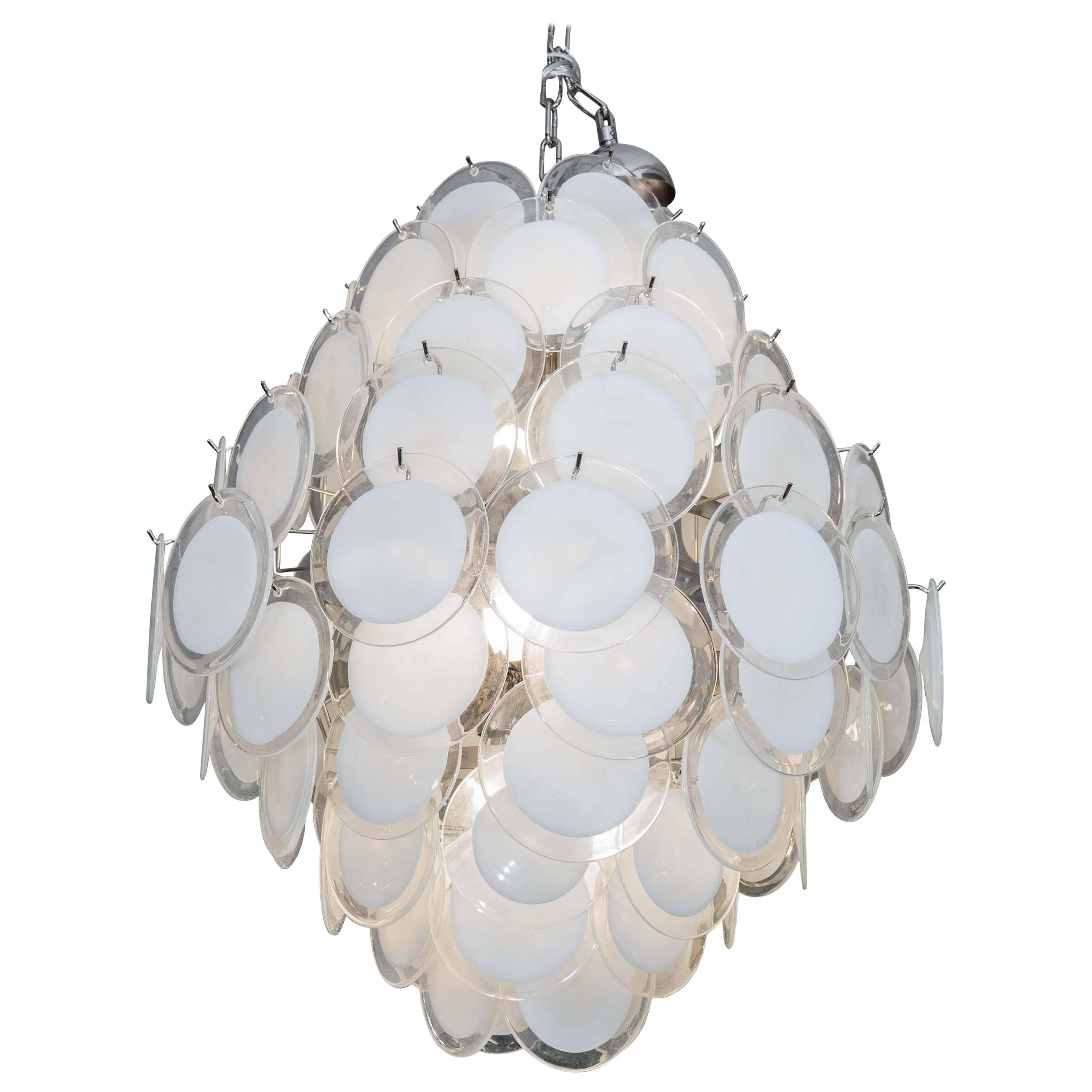 White Murano Glass Disc Chandelier in Double Cone Shape For Sale