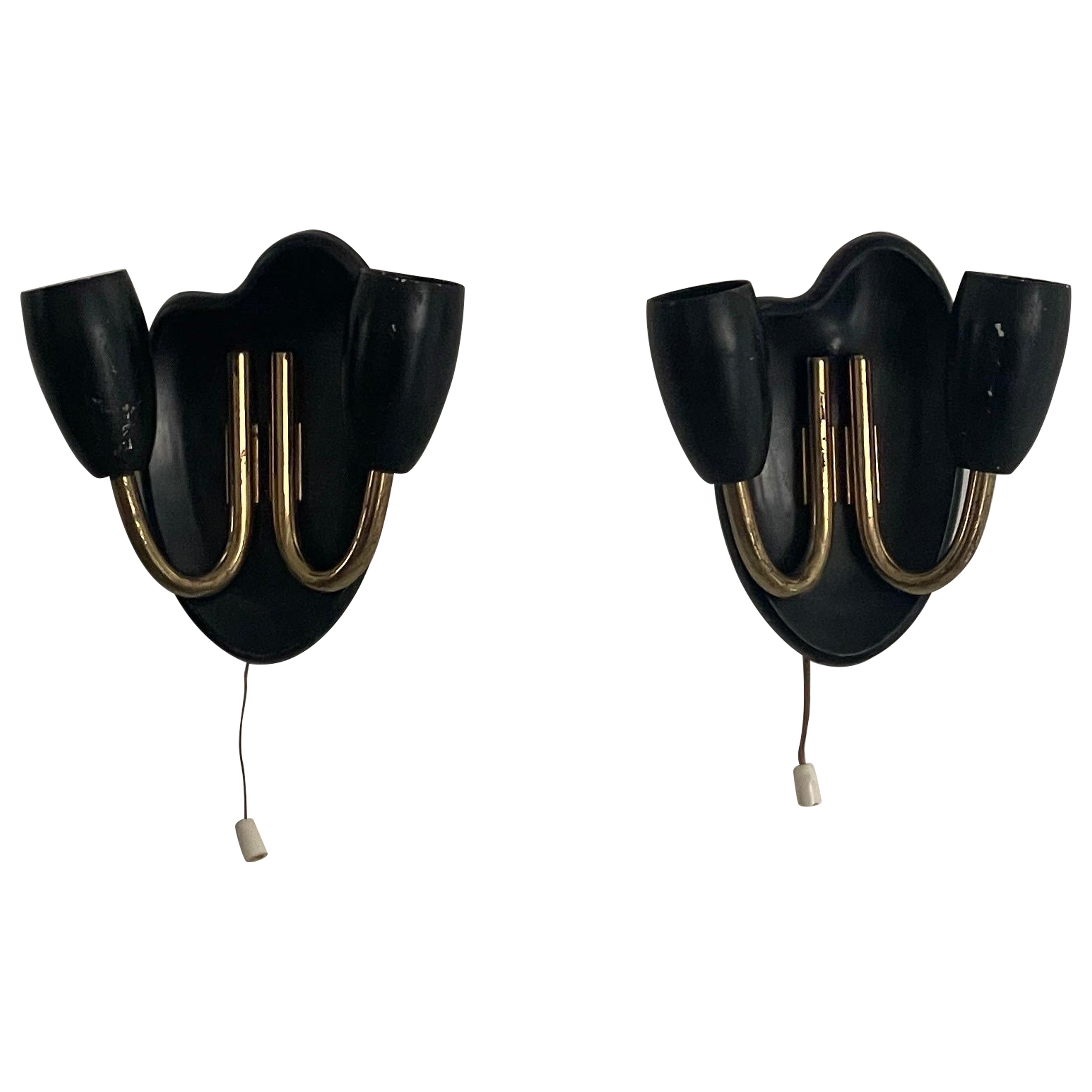 2-head Black Metal Small Pair of Sconces, 1950s, Germany