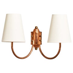 French Designer, Wall Light, Copper, Brass, Fabric, France, 1950s