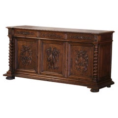 19th Century French Black Forest Carved Oak Three-Door Buffet Enfilade