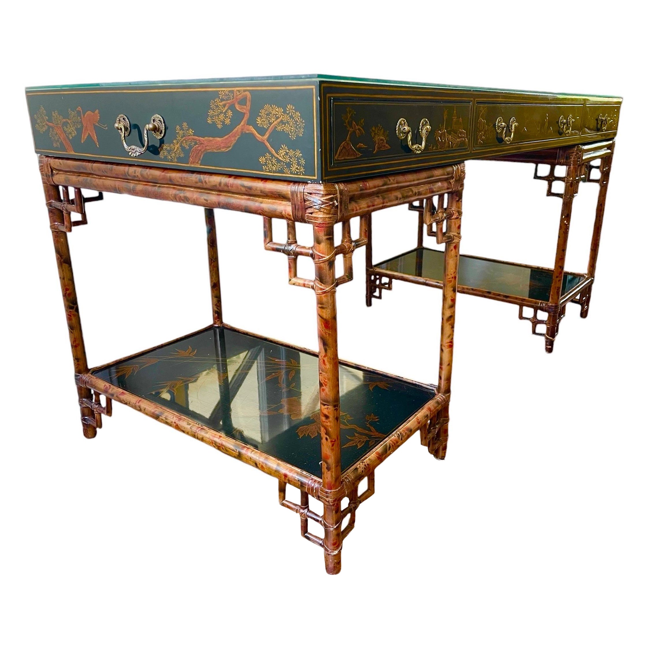 Maitland Smith Chinoiserie Desk Vintage Bamboo Rattan Desk Entryway Table