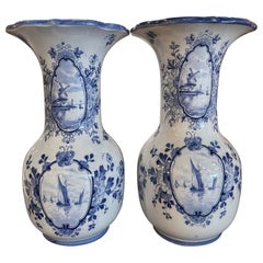 Pair of Early 20th Century Dutch Blue and White Hand Painted Faience Delft Vases