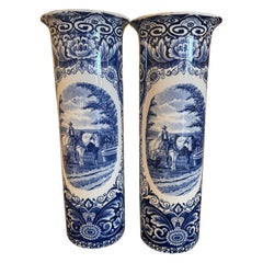 Antique Pair of Mid-Century Dutch Hand Painted Faience Delft Vases with Pastoral Scenes