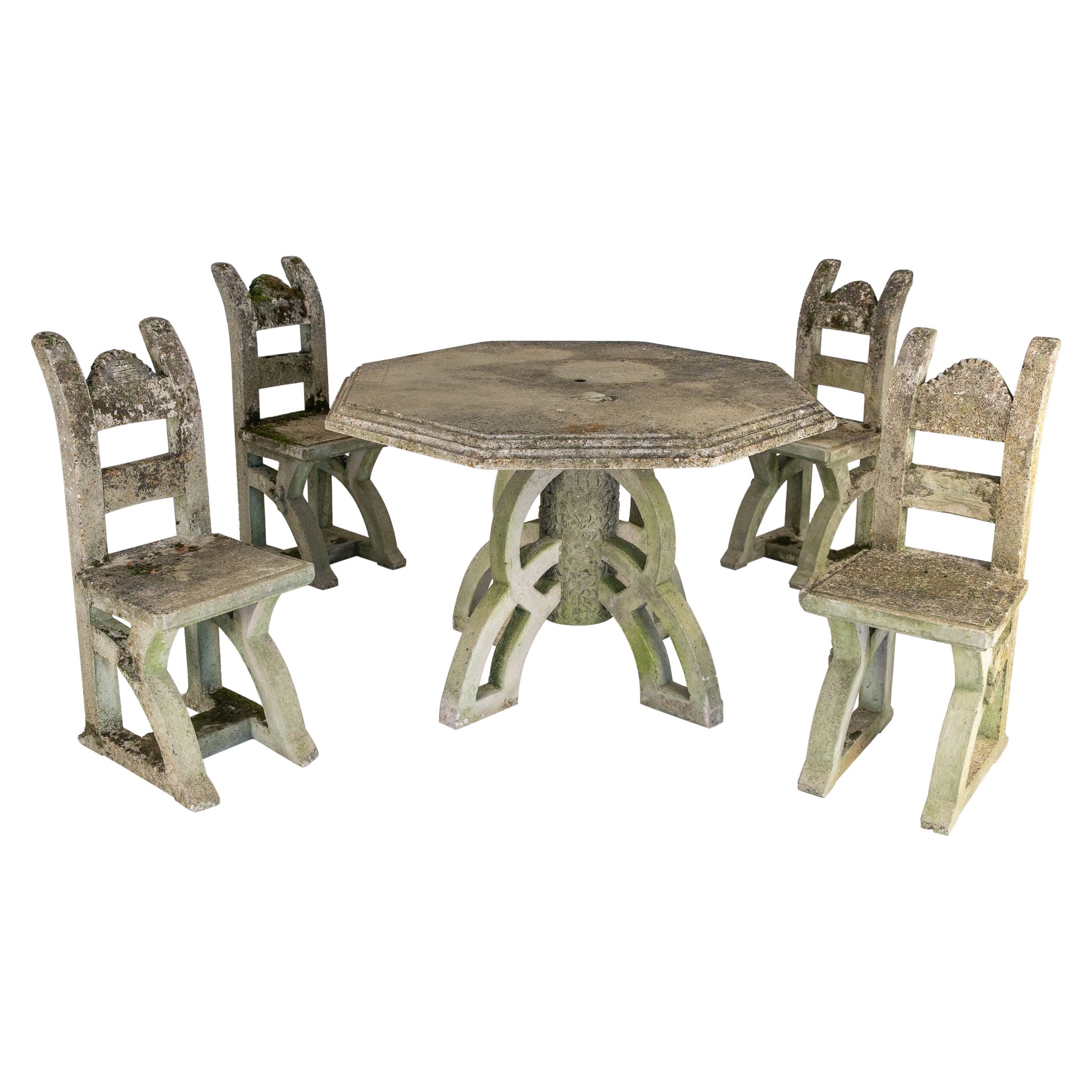 Mesa y juego de cuatro sillas de hormigón de estilo brutalista, Inglaterra Años 60