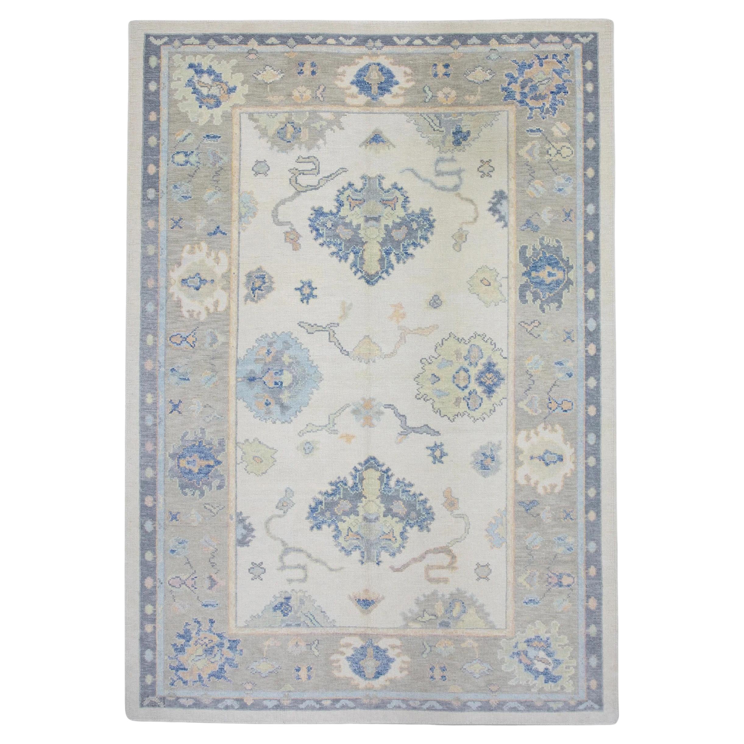 Turkish Oushak Rug Handwoven Wool Cream Blue Floral 6'2" x 8'10"