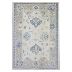 Turkish Oushak Rug Handwoven Wool Cream Blue Floral 6'2" x 8'10"