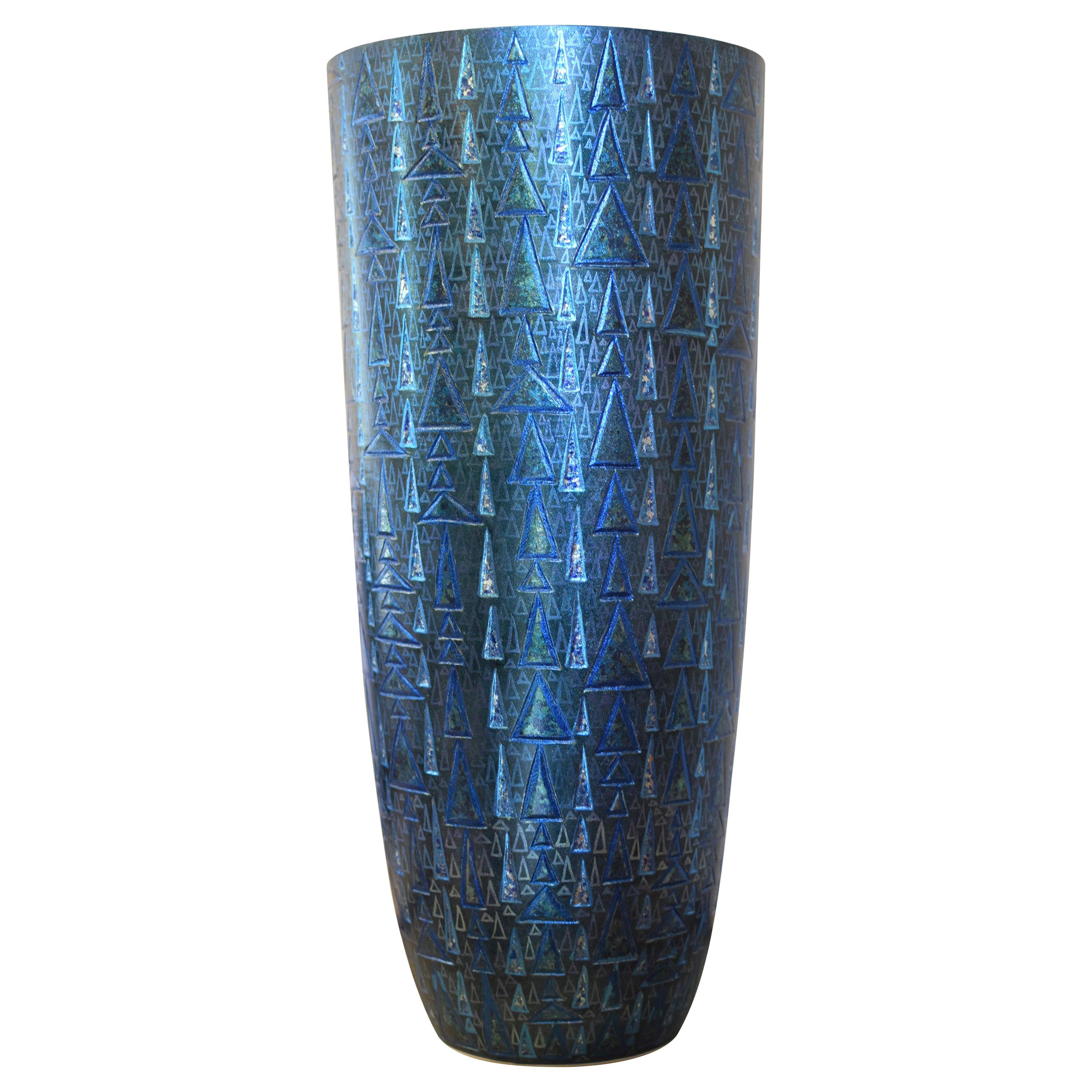 Japanese Contemporary Blue Silver Etched Porcelain Vase by Master Artist, 2 For Sale
