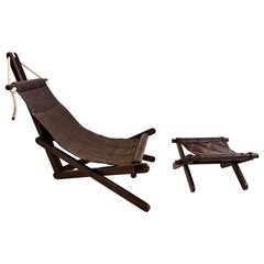 Dominic Michaelis Leather Sling Sail Chair and Ottoman in Jatoba Cherry Wood