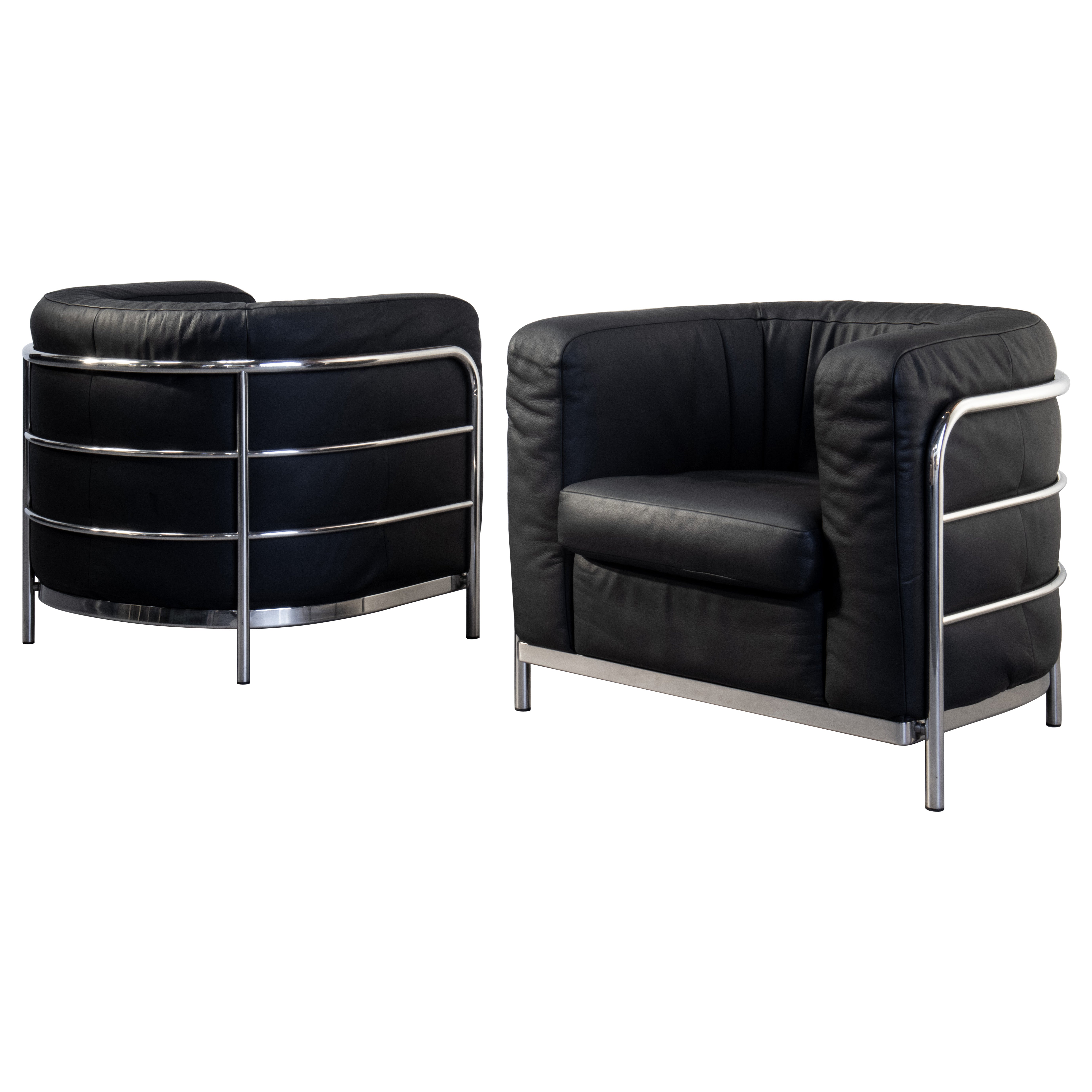 Zanotta Onda Pair of Armchairs in Matte Black Leather Chrome by De Pas, D'urbino