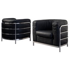 Zanotta Onda Pair of Armchairs in Matte Black Leather Chrome by De Pas, D'urbino
