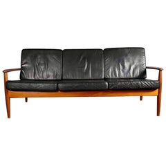 Danish 3 Seater Black Leather Sofa Model 118-3 By Grete Jalk For France & Son