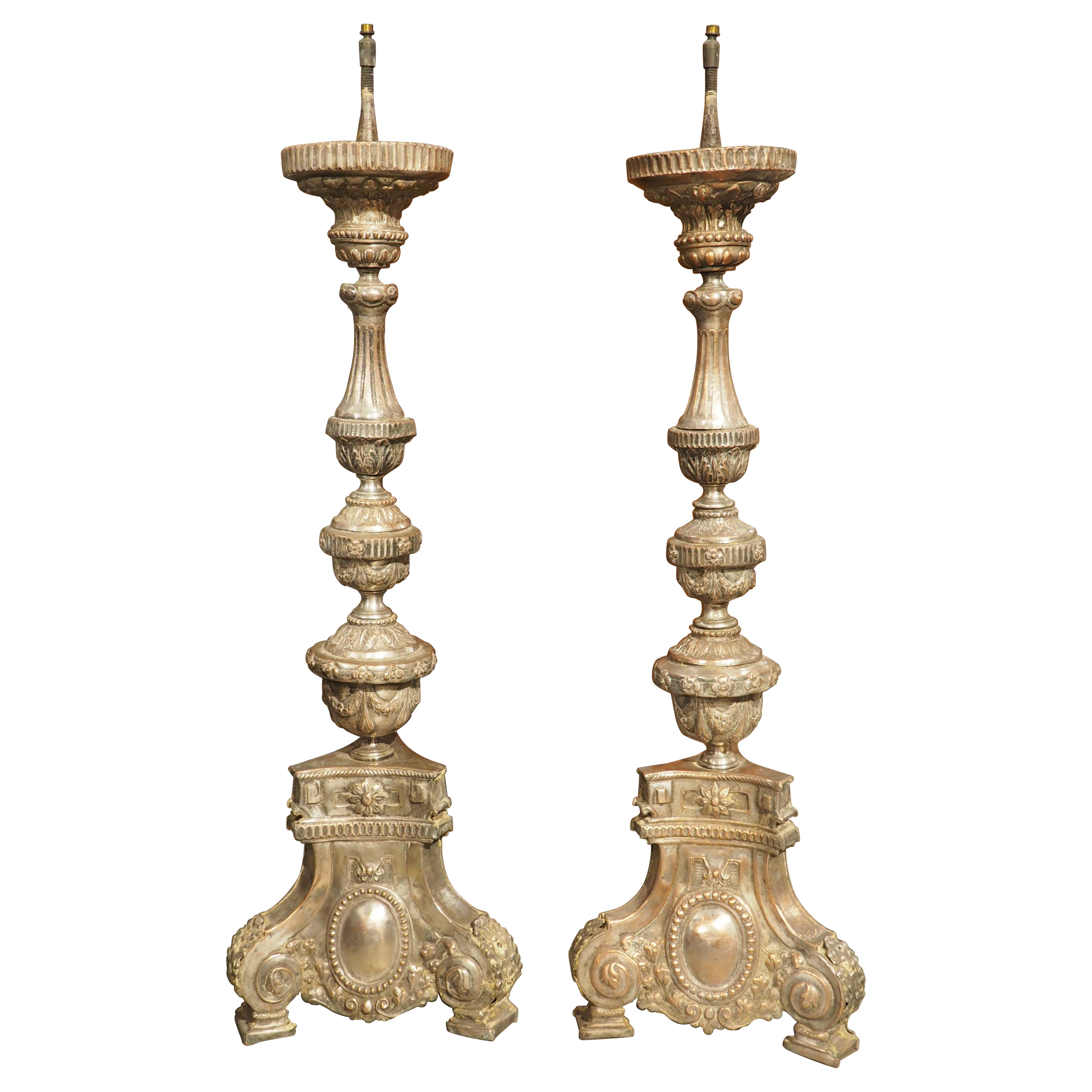 Pair of 18th Century Silvered Red Copper Candlesticks from France