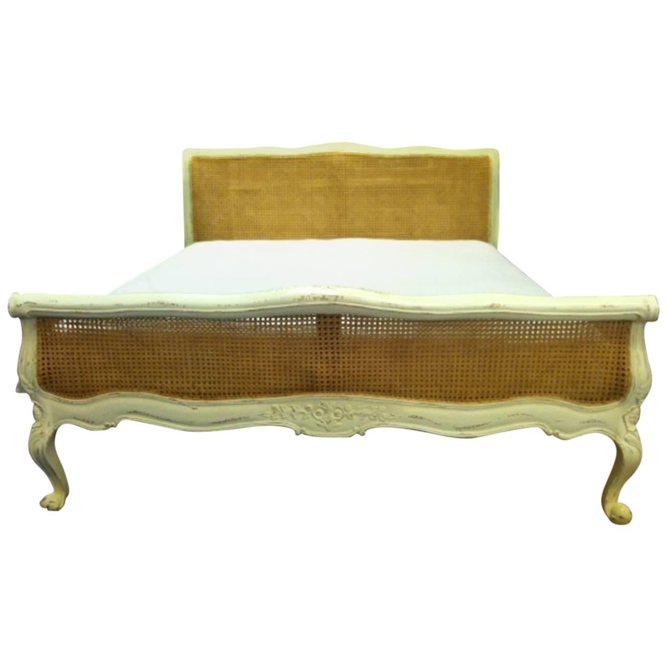 French Bed Natural Cane in Louis XV Farmhouse Cottage Chic Style For Sale