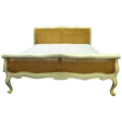 Vintage French Bed Natural Cane in Louis XV Farmhouse Cottage Chic Style